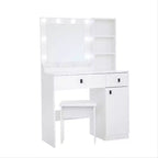 Coiffeuse élégante Okak avec miroir réglable 3 modes, coiffeuse avec grands tiroirs et étagères à trois niveaux, coiffeuse pour chambre à coucher, blanc