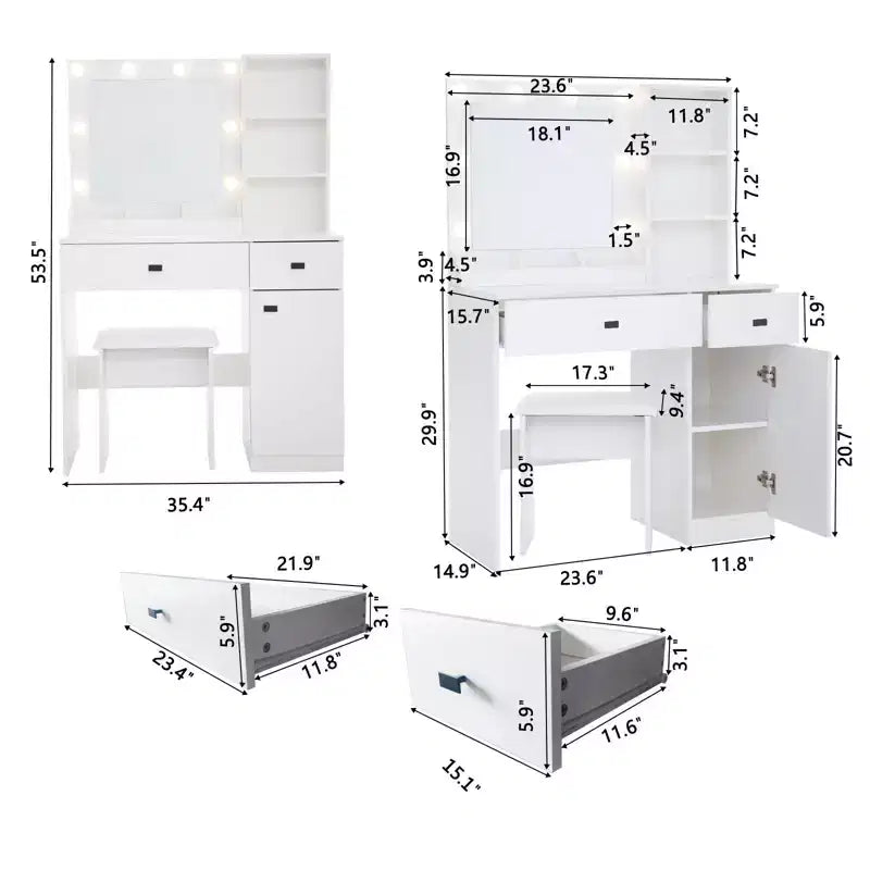 Coiffeuse élégante Okak avec miroir réglable 3 modes, coiffeuse avec grands tiroirs et étagères à trois niveaux, coiffeuse pour chambre à coucher, blanc