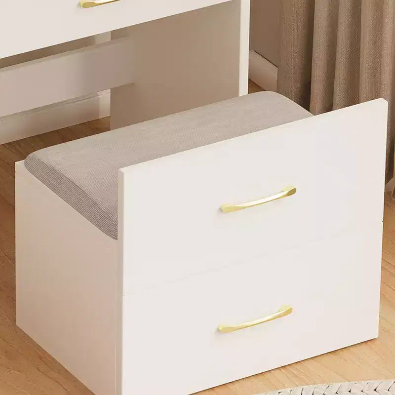 Coiffeuse Okak 3-EN-1 avec miroir rabattable, Coiffeuse compacte avec 3 tiroirs et tabouret rembourré, Table de maquillage pour chambre à coucher, salon, blanc