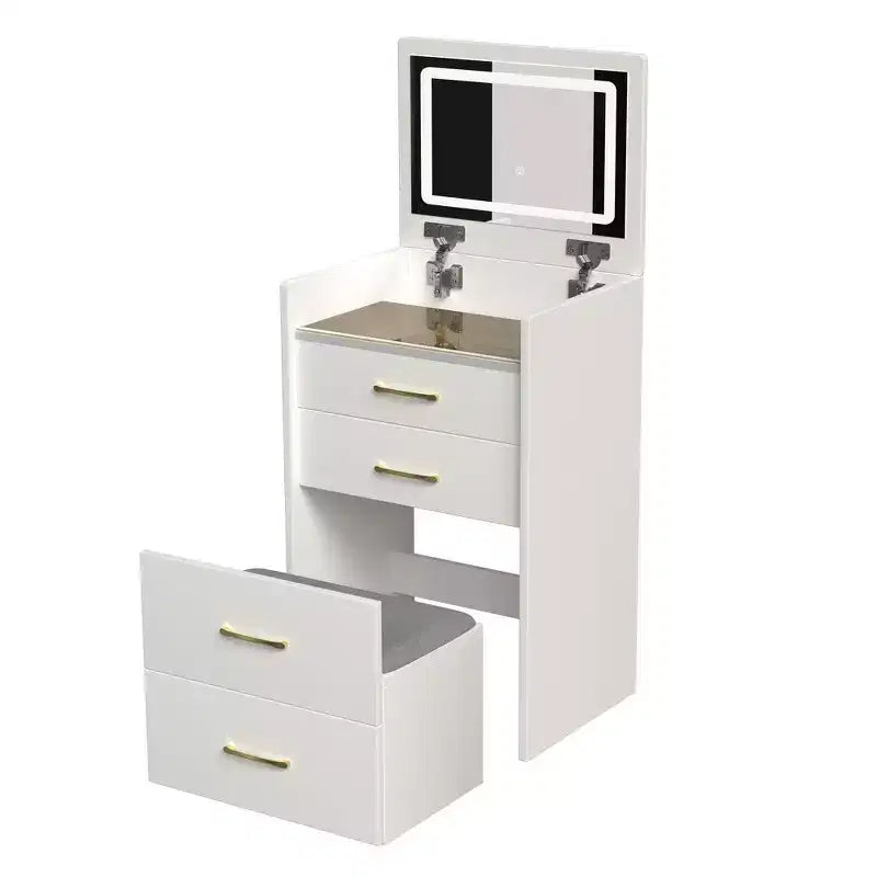 Coiffeuse Okak 3-EN-1 avec miroir rabattable, Coiffeuse compacte avec 3 tiroirs et tabouret rembourré, Table de maquillage pour chambre à coucher, salon, blanc