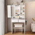 Coiffeuse compacte Okak avec miroir réglable, coiffeuse avec prise de courant intégrée et tabouret rembourré, coiffeuse pour filles pour chambre à coucher, blanc