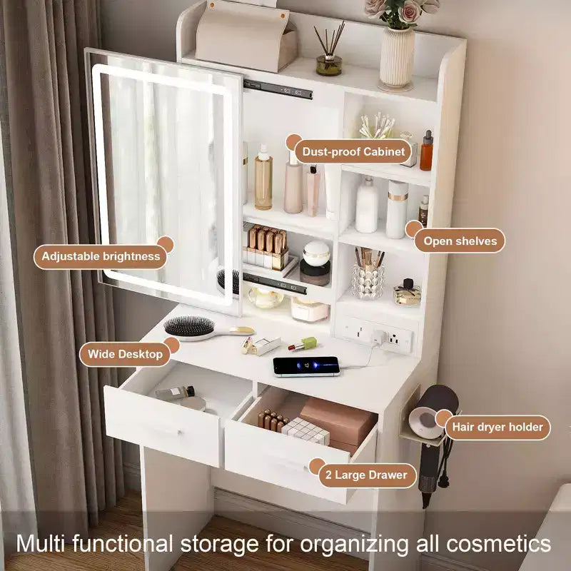 Coiffeuse compacte Okak avec miroir réglable, coiffeuse avec prise de courant intégrée et tabouret rembourré, coiffeuse pour filles pour chambre à coucher, blanc