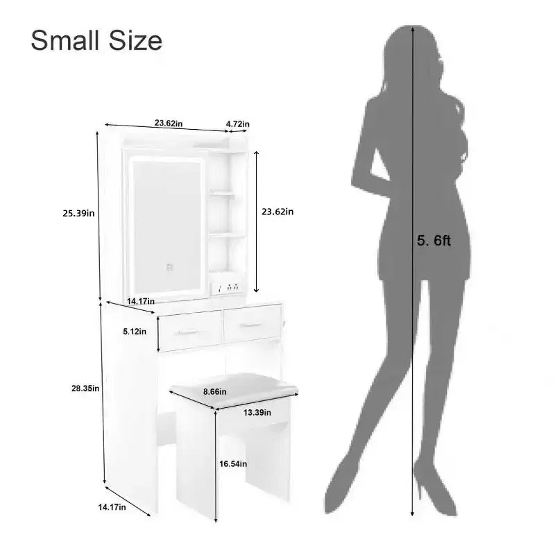 Coiffeuse compacte Okak avec miroir réglable, coiffeuse avec prise de courant intégrée et tabouret rembourré, coiffeuse pour filles pour chambre à coucher, blanc