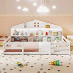 Lit au sol Montessori double/grand Costway avec lumières LED, barrières de sécurité, compartiments et étagère blanc/gris