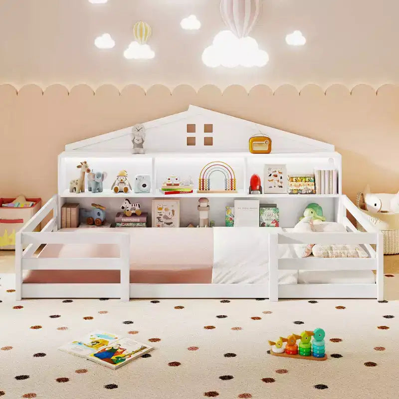 Lit au sol Montessori double/grand Costway avec lumières LED, barrières de sécurité, compartiments et étagère blanc/gris