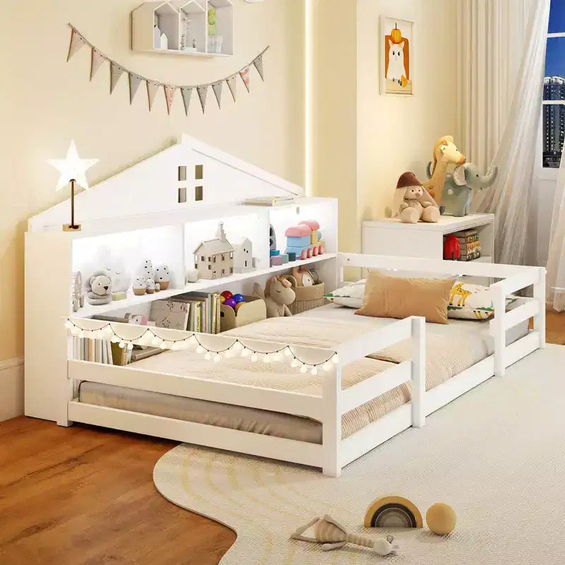 Lit au sol Montessori double/grand Costway avec lumières LED, barrières de sécurité, compartiments et étagère blanc/gris