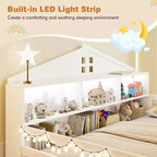 Lit au sol Montessori double/grand Costway avec lumières LED, barrières de sécurité, compartiments et étagère blanc/gris