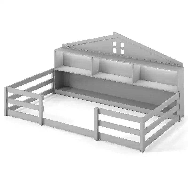 Lit au sol Montessori double/grand Costway avec lumières LED, barrières de sécurité, compartiments et étagère blanc/gris