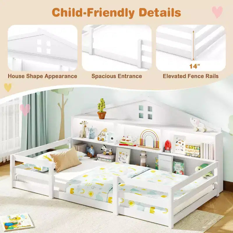 Lit au sol Montessori double/grand Costway avec lumières LED, barrières de sécurité, compartiments et étagère blanc/gris