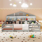 Lit au sol Montessori double/grand Costway avec lumières LED, barrières de sécurité, compartiments et étagère blanc/gris