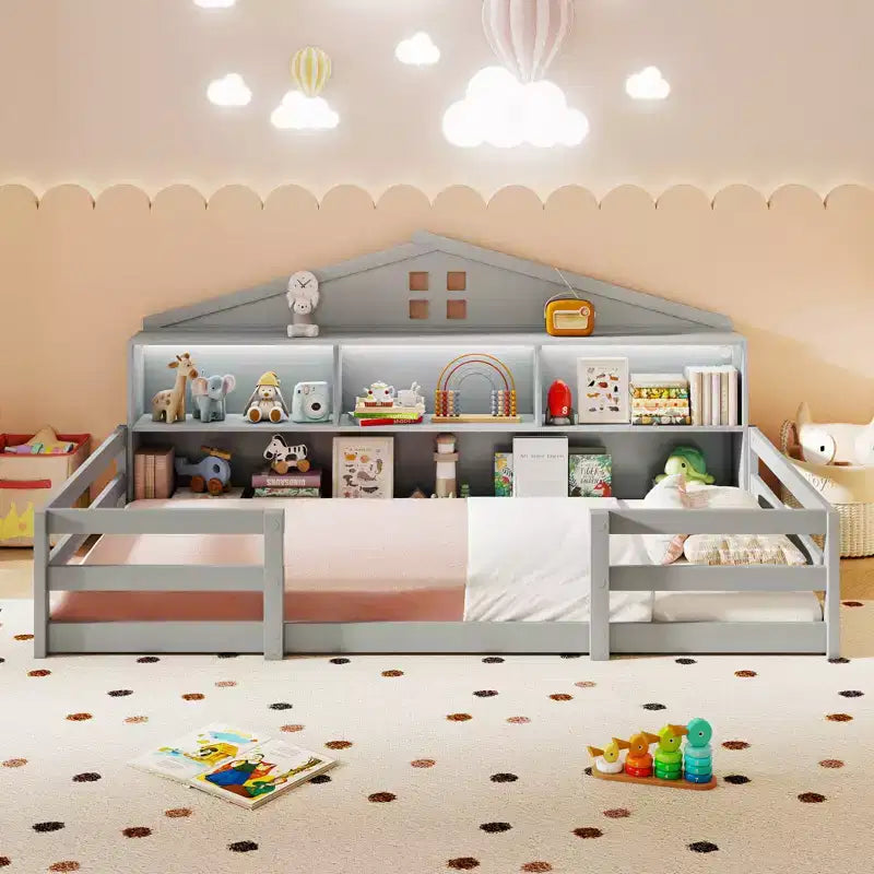 Lit au sol Montessori double/grand Costway avec lumières LED, barrières de sécurité, compartiments et étagère blanc/gris