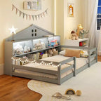 Lit au sol Montessori double/grand Costway avec lumières LED, barrières de sécurité, compartiments et étagère blanc/gris