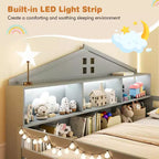 Lit au sol Montessori double/grand Costway avec lumières LED, barrières de sécurité, compartiments et étagère blanc/gris