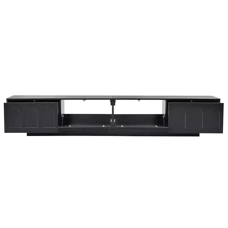 Meuble TV LED avec portes en verre pour téléviseur de 95 pouces, console média en bois avec portes de placard cintrées et contrôle par application pour salon
