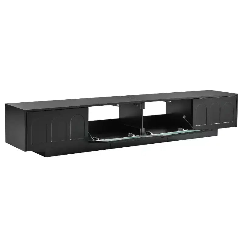 Meuble TV LED avec portes en verre pour téléviseur de 95 pouces, console média en bois avec portes de placard cintrées et contrôle par application pour salon