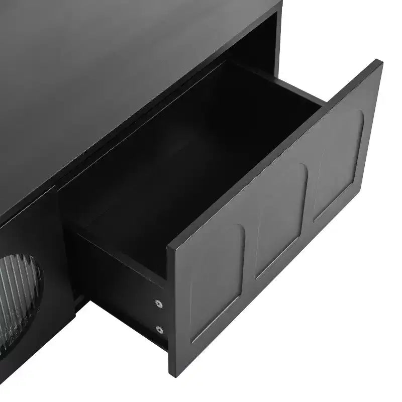 Meuble TV LED avec portes en verre pour téléviseur de 95 pouces, console média en bois avec portes de placard cintrées et contrôle par application pour salon