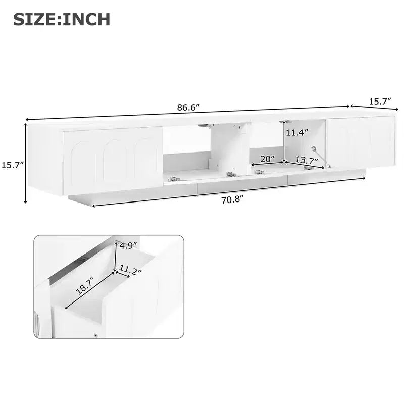 Meuble TV LED avec portes en verre pour téléviseur de 95 pouces, console média en bois avec portes de placard cintrées et contrôle par application pour salon