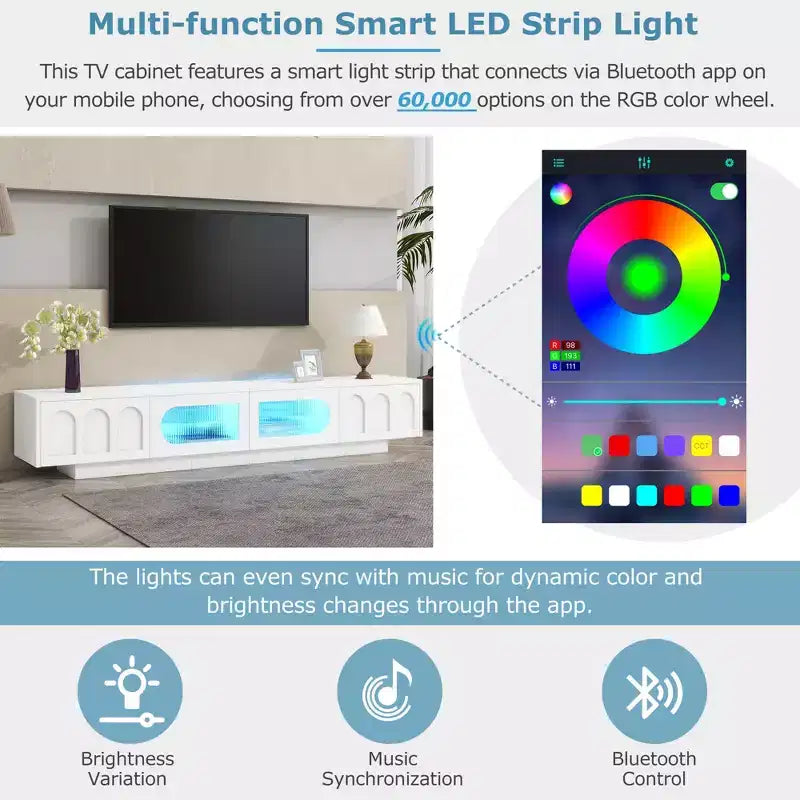 Meuble TV LED avec portes en verre pour téléviseur de 95 pouces, console média en bois avec portes de placard cintrées et contrôle par application pour salon