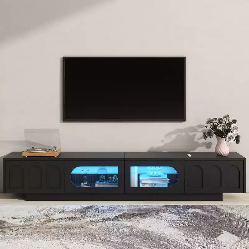 Meuble TV LED avec portes en verre pour téléviseur de 95 pouces, console média en bois avec portes de placard cintrées et contrôle par application pour salon