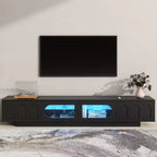 Meuble TV LED avec portes en verre pour téléviseur de 95 pouces, console média en bois avec portes de placard cintrées et contrôle par application pour salon