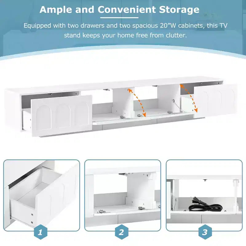 Meuble TV LED avec portes en verre pour téléviseur de 95 pouces, console média en bois avec portes de placard cintrées et contrôle par application pour salon