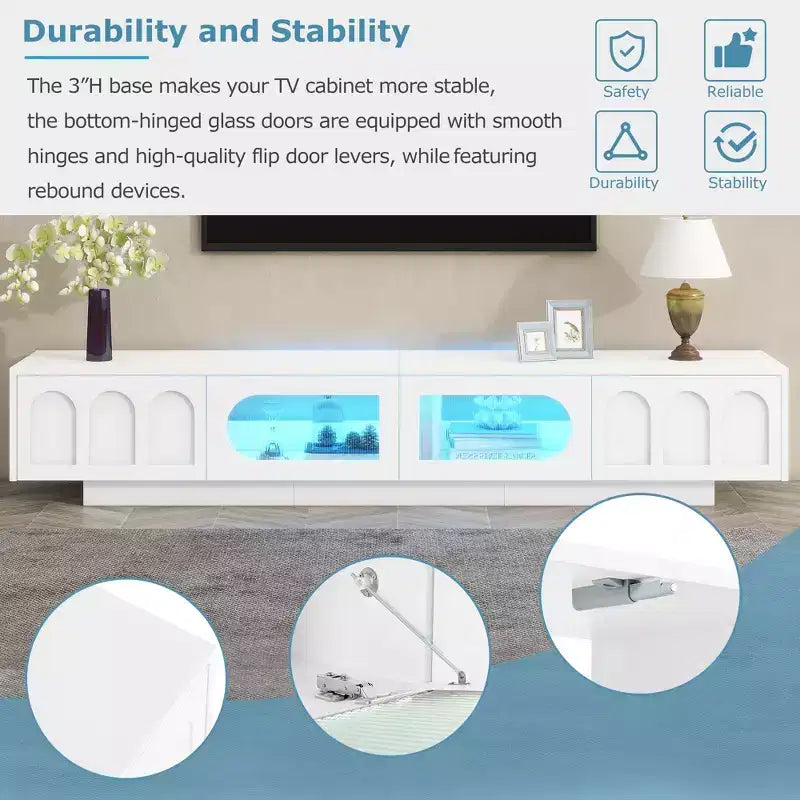 Meuble TV LED avec portes en verre pour téléviseur de 95 pouces, console média en bois avec portes de placard cintrées et contrôle par application pour salon