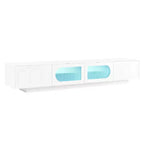 Meuble TV LED avec portes en verre pour téléviseur de 95 pouces, console média en bois avec portes de placard cintrées et contrôle par application pour salon