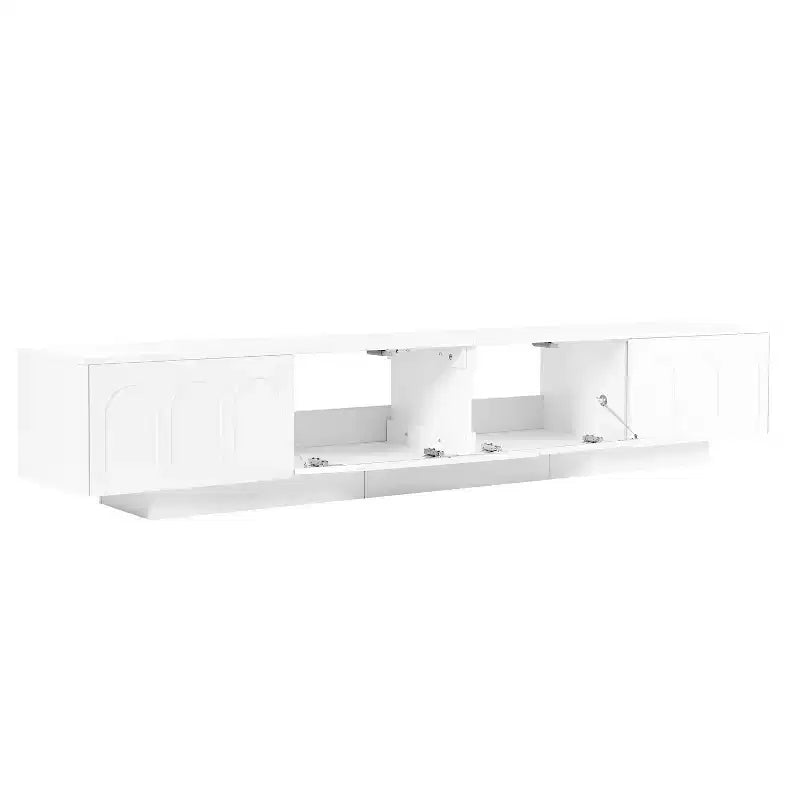 Meuble TV LED avec portes en verre pour téléviseur de 95 pouces, console média en bois avec portes de placard cintrées et contrôle par application pour salon