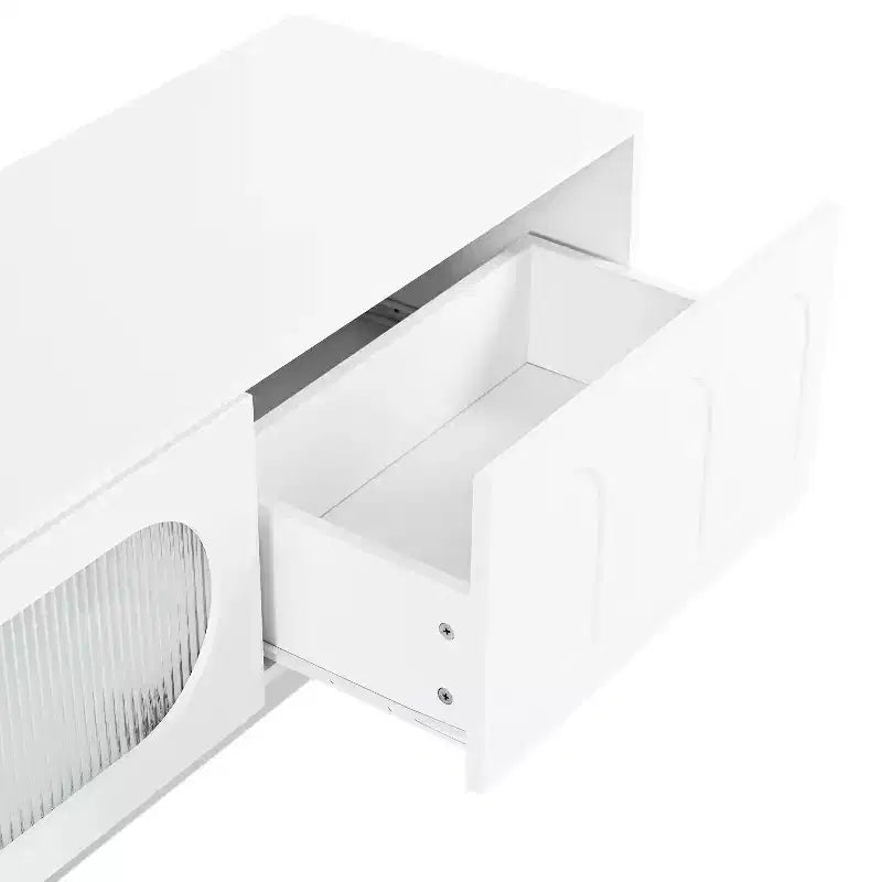 Meuble TV LED avec portes en verre pour téléviseur de 95 pouces, console média en bois avec portes de placard cintrées et contrôle par application pour salon
