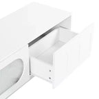 Meuble TV LED avec portes en verre pour téléviseur de 95 pouces, console média en bois avec portes de placard cintrées et contrôle par application pour salon