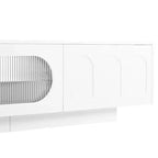 Meuble TV LED avec portes en verre pour téléviseur de 95 pouces, console média en bois avec portes de placard cintrées et contrôle par application pour salon