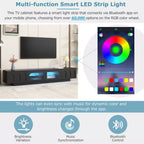 Meuble TV LED avec portes en verre pour téléviseur de 95 pouces, console média en bois avec portes de placard cintrées et contrôle par application pour salon