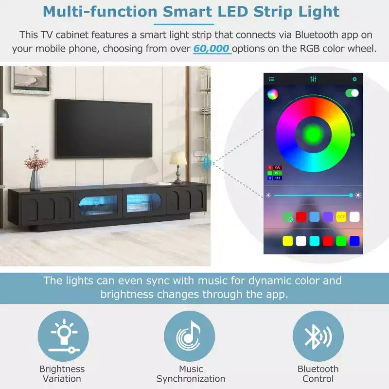 Meuble TV LED avec portes en verre pour téléviseur de 95 pouces, console média en bois avec portes de placard cintrées et contrôle par application pour salon