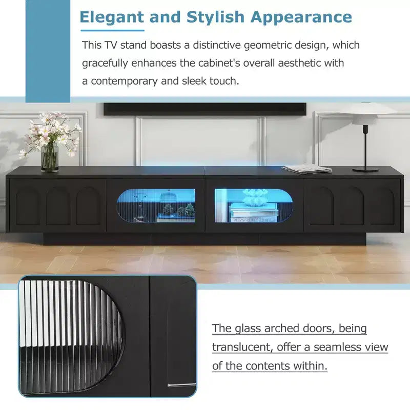 Meuble TV LED avec portes en verre pour téléviseur de 95 pouces, console média en bois avec portes de placard cintrées et contrôle par application pour salon