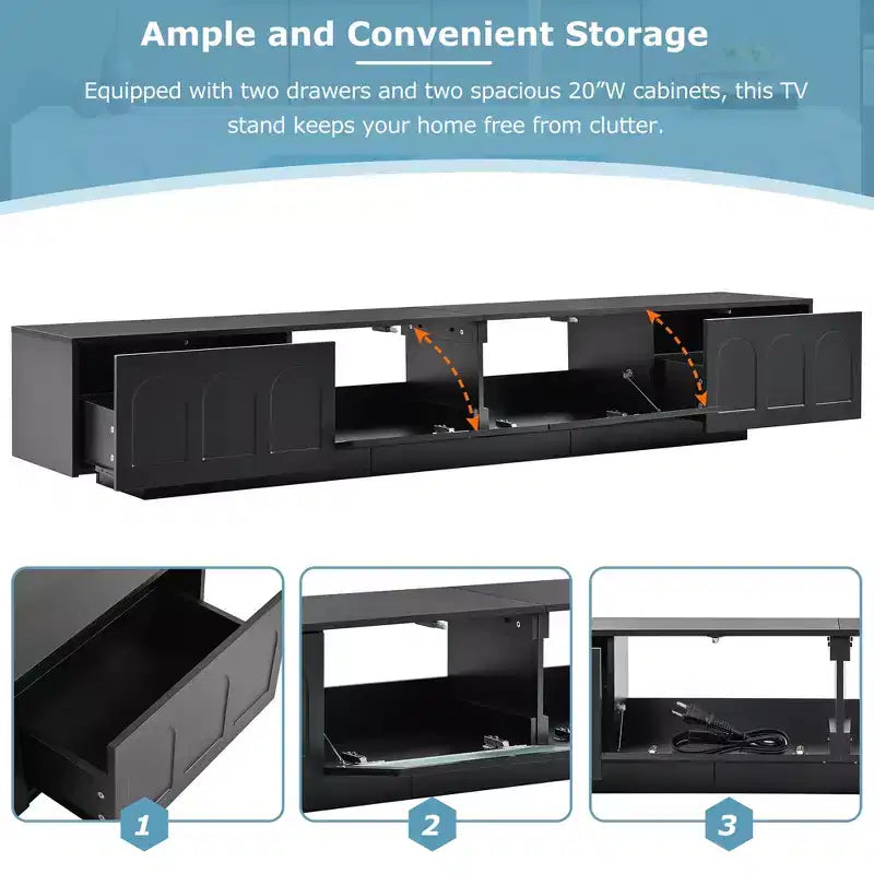 Meuble TV LED avec portes en verre pour téléviseur de 95 pouces, console média en bois avec portes de placard cintrées et contrôle par application pour salon
