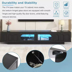 Meuble TV LED avec portes en verre pour téléviseur de 95 pouces, console média en bois avec portes de placard cintrées et contrôle par application pour salon