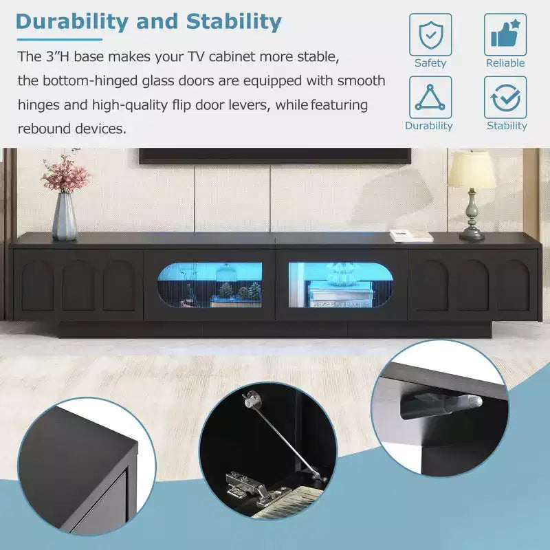 Meuble TV LED avec portes en verre pour téléviseur de 95 pouces, console média en bois avec portes de placard cintrées et contrôle par application pour salon