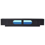 Meuble TV LED avec portes en verre pour téléviseur de 95 pouces, console média en bois avec portes de placard cintrées et contrôle par application pour salon