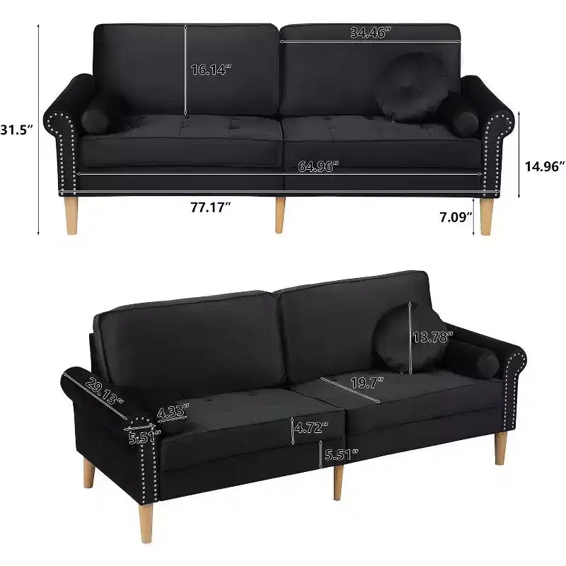 Canapé 3 places luxueux en velours noir 78 po, pieds en bois d'hévéa, 2 accoudoirs ronds incurvés, coussin touffeté à capitons en éponge haute résilience, clous décoratifs