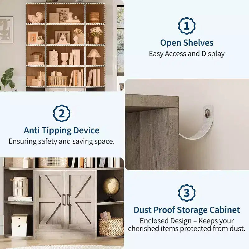Bibliothèque de 190,5 cm de hauteur avec rangement, meuble de rangement 6 niveaux de 119,38 cm de large de style Ferme Moderne, organisateur d'étagères pour la maison
