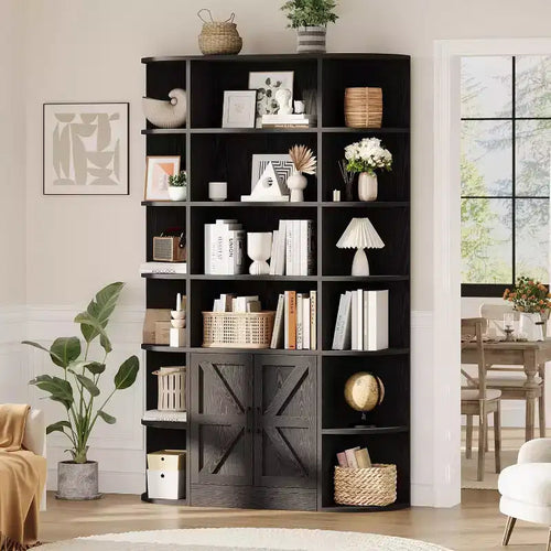 75in Tall Bookshelf with Storage, 6-Tier 47 Wide Modern Farmhouse Standing Bookcase Cabinet Display Shelf Organizer for Home