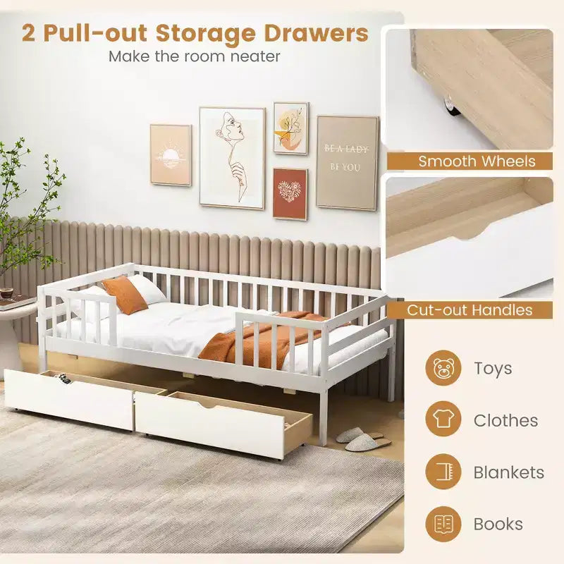 Lit pour enfant une place Costway avec rangement, 2 tiroirs coulissants, étagère latérale, pour enfants et adolescents