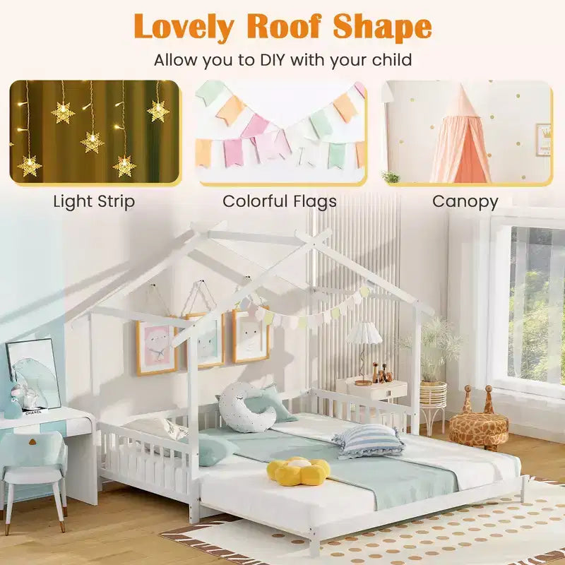 Lit cabane en bois Costway, convertible de taille simple à très grand, avec barrières de sécurité et toit décoratif