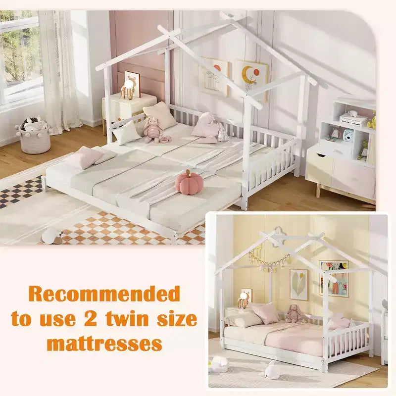Lit cabane en bois Costway, convertible de taille simple à très grand, avec barrières de sécurité et toit décoratif
