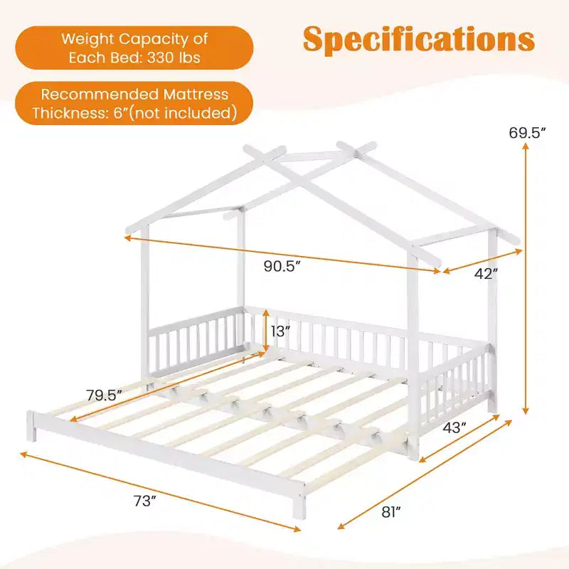 Lit cabane en bois Costway, convertible de taille simple à très grand, avec barrières de sécurité et toit décoratif