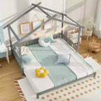 Lit cabane en bois Costway, convertible de taille simple à très grand, avec barrières de sécurité et toit décoratif