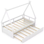 Costway Twin Size House Bed w/ Trundle Roof & Safety Guardrail Wood Slat Support White