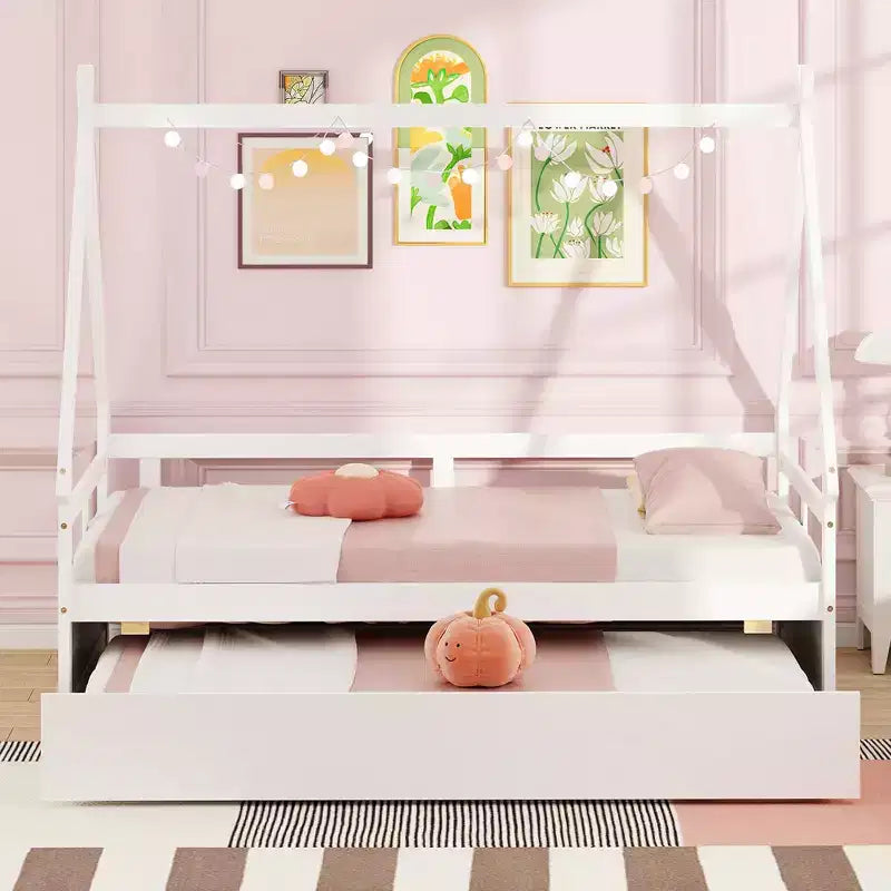 Lit cabane double Costway avec lit gigogne, toit et barrière de sécurité, support à lattes en bois blanc
