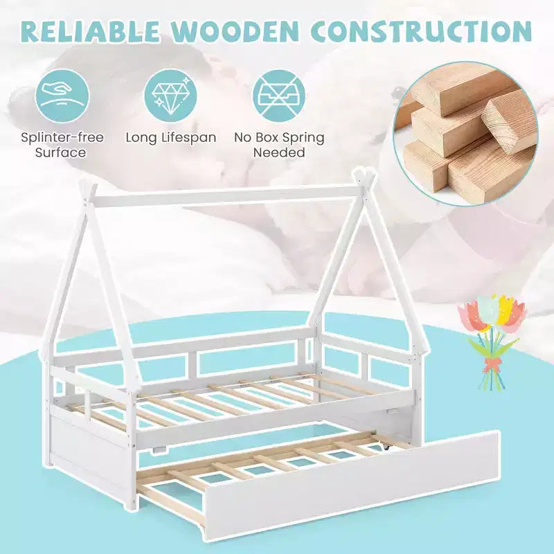 Lit cabane double Costway avec lit gigogne, toit et barrière de sécurité, support à lattes en bois blanc