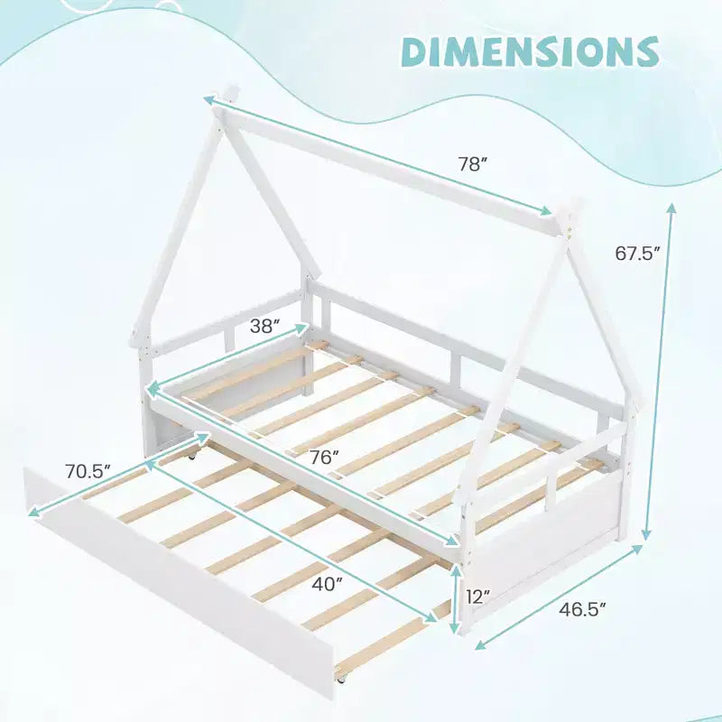 Lit cabane double Costway avec lit gigogne, toit et barrière de sécurité, support à lattes en bois blanc